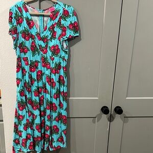 Torrid Betsy Johnson Aqua and Red Cherry Print Dress